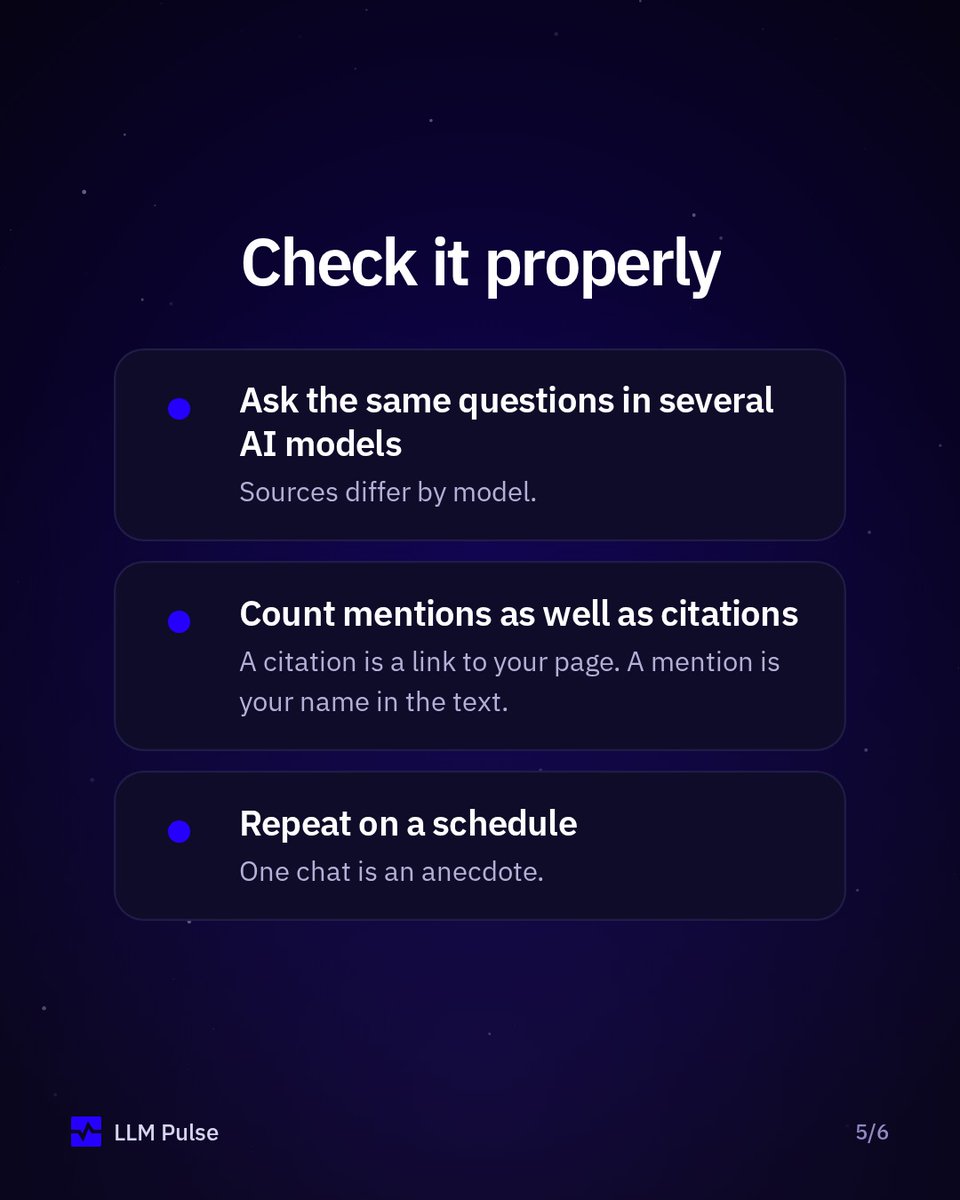 LLMPulse's tweet photo. Asked ChatGPT about your category and got no sources? It doesn't search the web for every answer, and one chat is one response.

Ask the same questions in several AI models, count mentions as well as citations, and repeat on a schedule. https://t.co/7sBuaYPyCB