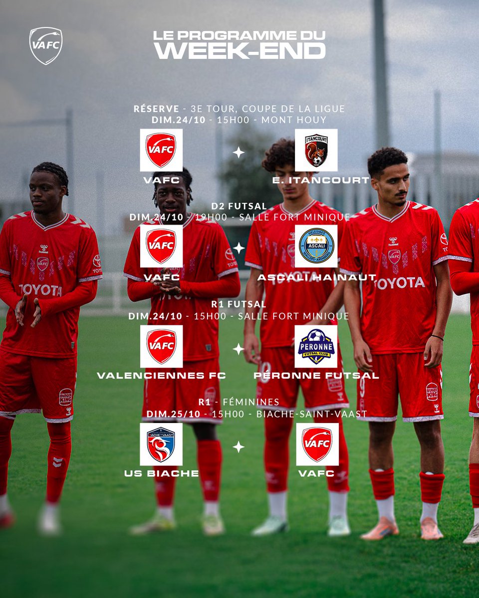 VAFC's tweet photo. Notre équipe réserve reçoit en Coupe de la Ligue et nos deux équipes Séniors futsal jouent à Fort Minique ce samedi 🏠

Retrouvez le programme complet de la #VAFCAcadémie 🗓��� 

https://t.co/V49yjwsmIJ https://t.co/XoKez7I8wi