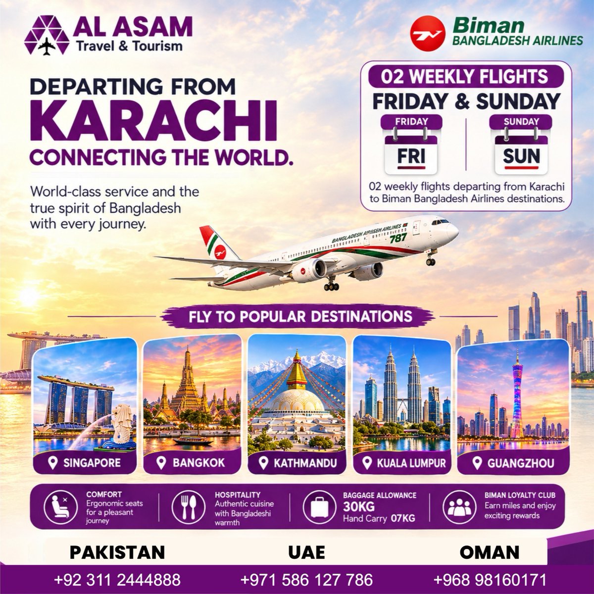ferplatence's tweet photo. Fly from Karachi with Biman Bangladesh Airlines. Enjoy twice-weekly flights every Friday and Sunday to Singapore, Bangkok, Kathmandu, Kuala Lumpur and Guangzhou. 30KG checked baggage, 7KG hand carry, Bangladeshi hospitality and world-class service. https://t.co/TXz8VOfMSB