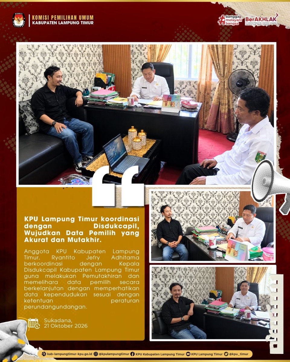kpu_timur's tweet photo. #TemanPemilih,
Anggota KPU Kabupaten Lampung Timur Ryantito Jefry Adhitama melaksanakan koordinasi dengan Dinas Kependudukan dan Pencatatan Sipil (Disdukcapil) Kabupaten Lampung Timur dalam rangka mewujudkan data pemilih yang akurat dan mutakhir, Rabu (21/10).

#kpunelayani https://t.co/PBAi2xGO8c