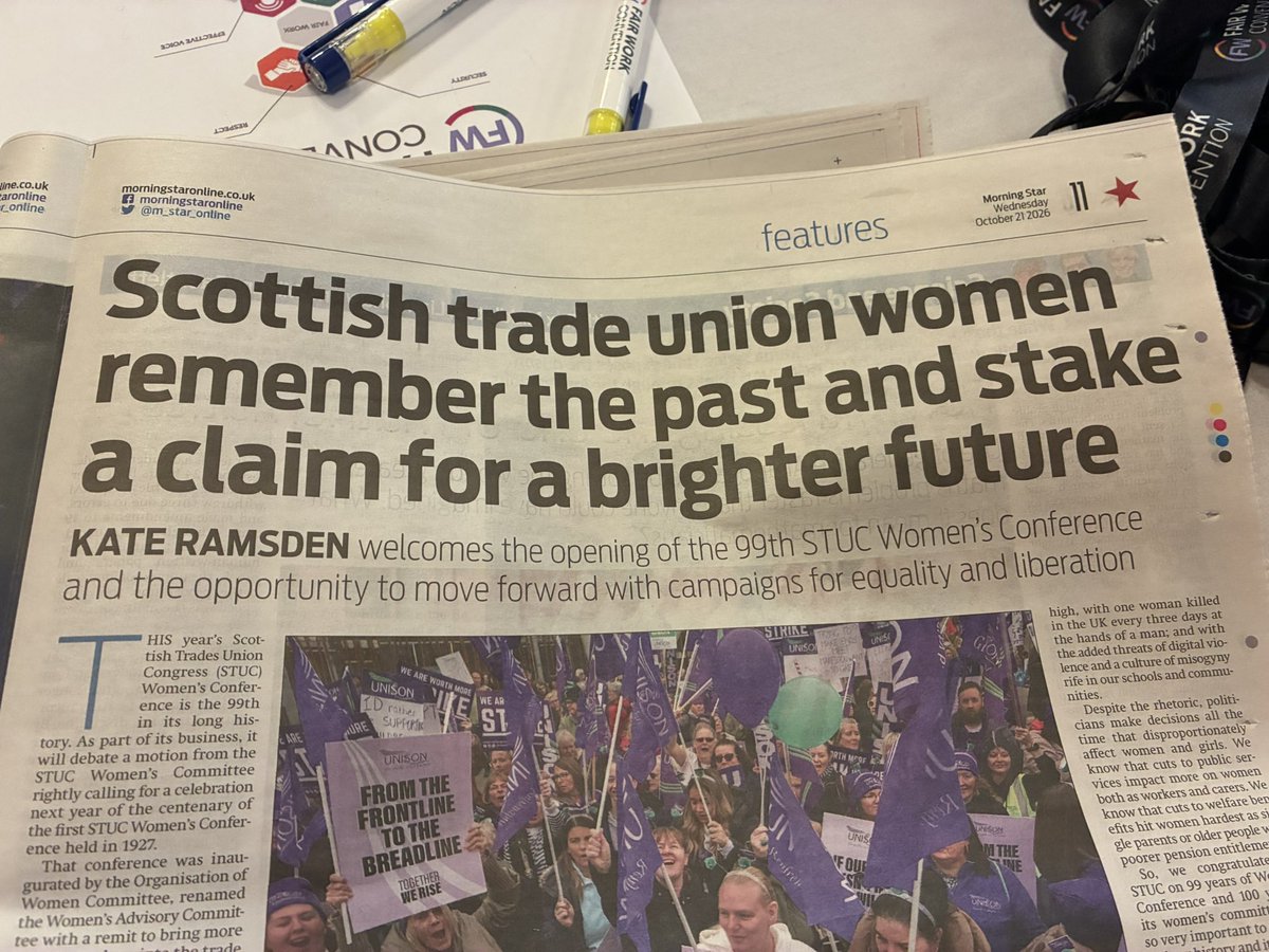 FairWorkScot's tweet photo. ✊It’s day 2 of the @stuc Woman’s Conference, first held in 1927, highlights the challenges women workers face today and the opportunities to move forward with campaigns of equality and #FairWork #stucwomen26 https://t.co/J7wA0oh2z1