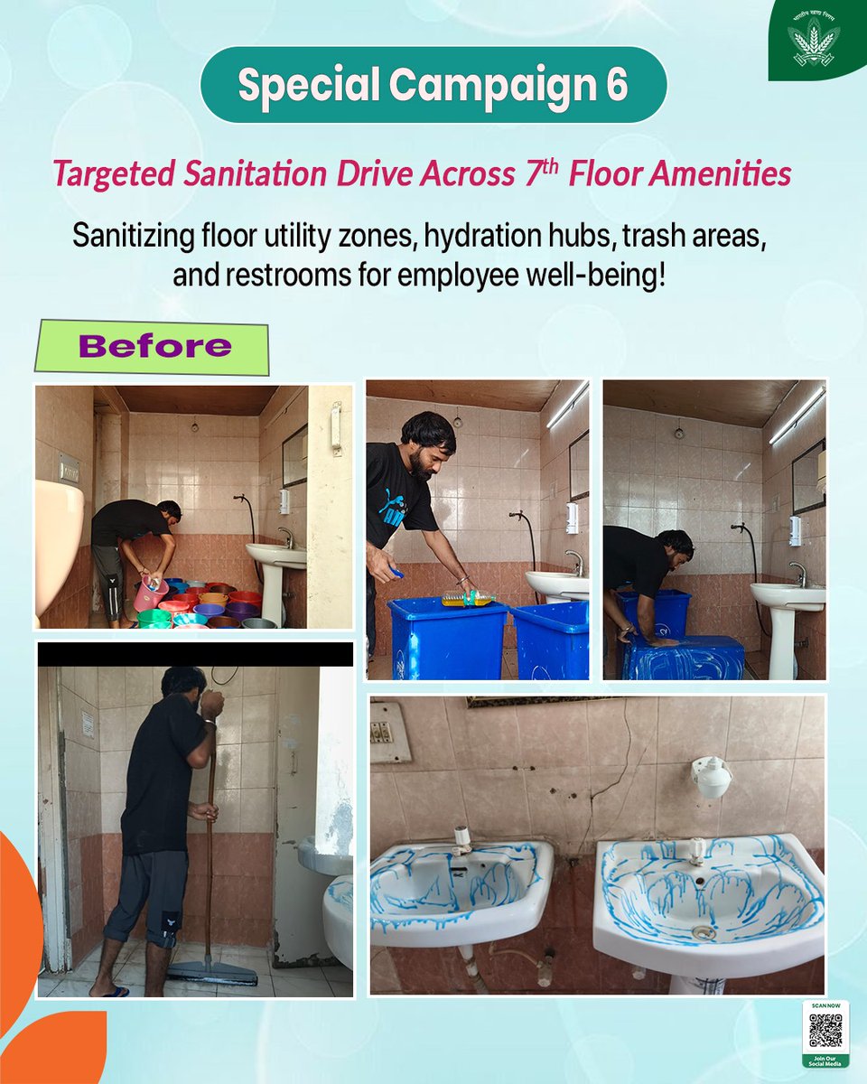 FCI_India's tweet photo. Prioritizing daily hygiene where it matters most! 🧼💧
Under Special Campaign 6, a dedicated sanitation drive was carried out across the 7th floor of FCI Headquarters—focusing on deep-cleaning lavatories, washbasins, drinking water RO stations, and waste disposal points.
Maintaining pristine, well-sanitized utility areas and common amenities ensures a healthier, safer, and more comfortable environment for all employees. 🇮🇳🌾

@mygovindia @fooddeptgoi @DARPG_GoI @JoshiPralhad @Nimu_Bambhaniya @blvermaup @PIB_India 

#SpecialCampaign6 #SCDPM6 #Swachhata #MinimisingPendency #GoodGovernance #SwachhBharat #FCI #FoodCorporationOfIndia