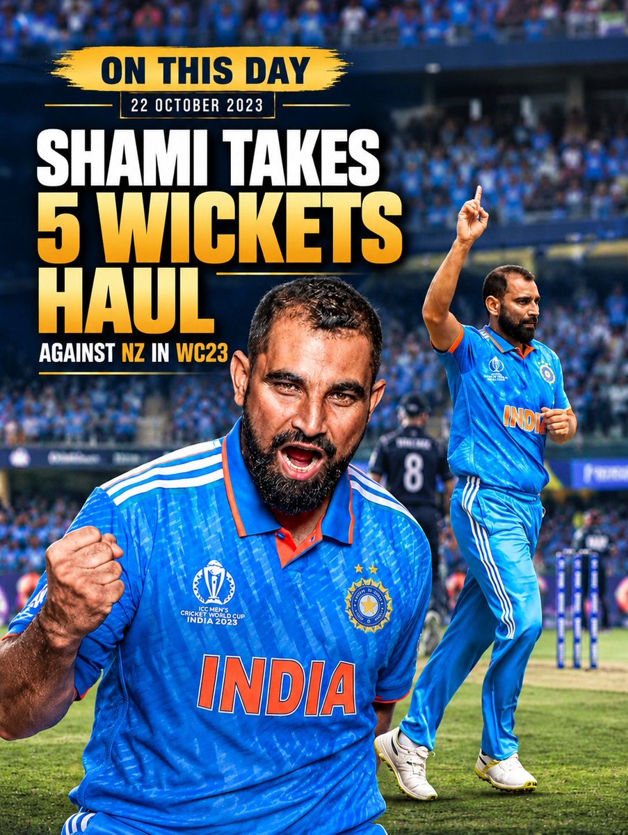 Officialcrah's tweet photo. ON THIS DAY IN 2023!⚡
Mohammed Shami returned with pure vengeance, taking a sensational 5-wicket haul (5/54) vs New Zealand in Dharamshala during World Cup 2023! 👑🏏
What was your favorite wicket from his spell? 👇
#MohammedShami #OnThisDay #CWC23 #CAOH https://t.co/DDzE9Gl4lo
