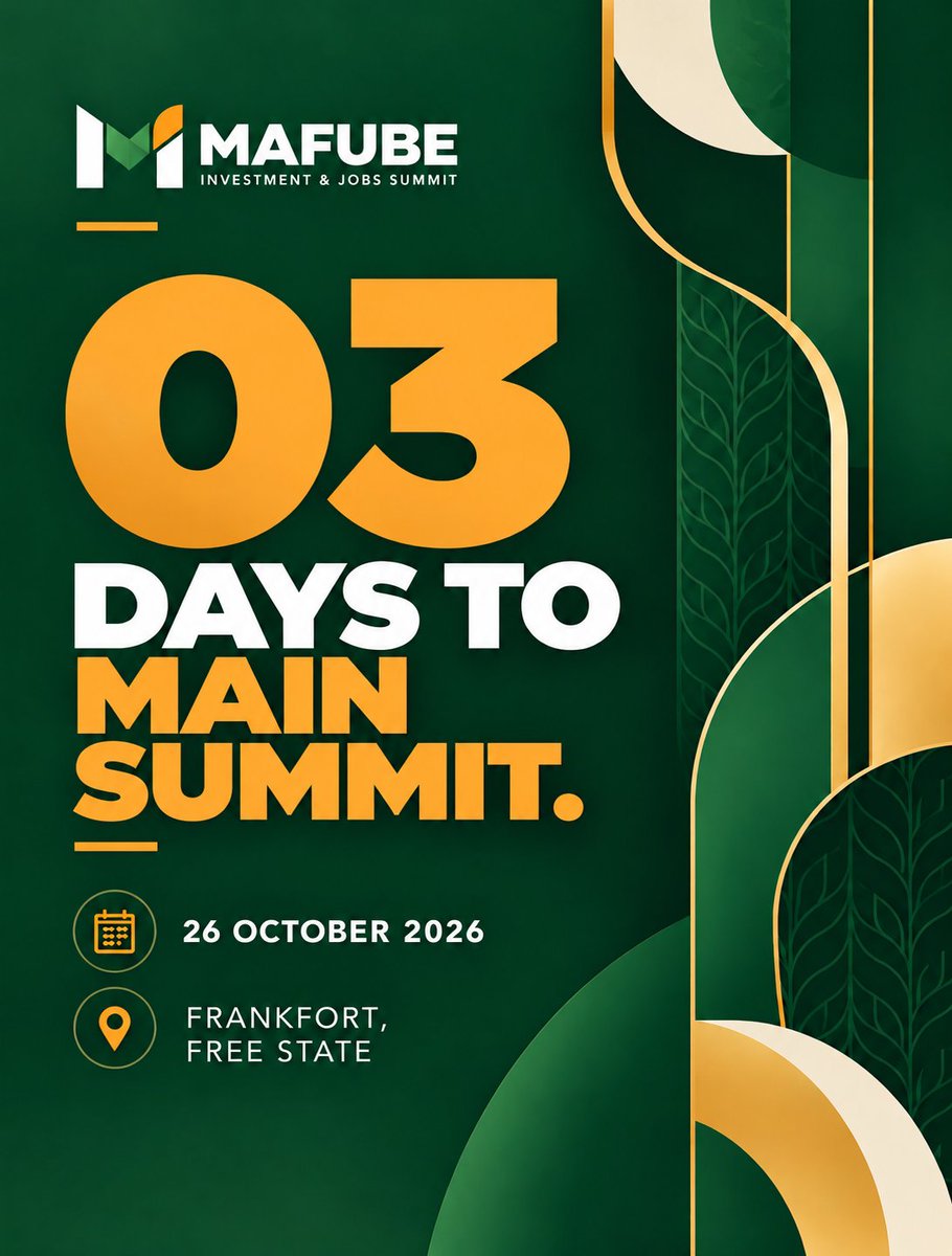 Mafube_za's tweet photo. ⏳ 03 DAYS TO GO!

The countdown is on! The Mafube Investment &amp; Jobs Summit is almost here, bringing together stakeholders, investors and development partners to unlock opportunities for economic growth, job creation and investment.

📅 26 October 2026
📍 Frankfort, Free State https://t.co/NT8oAbrjLF