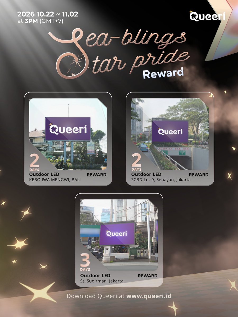 queeri_official's tweet photo. [STARTING TODAY]
🌏 SEA-Blings Star Pride ✨

"Does Your Favorite Southeast Asia Idols Deserve the World Stage?"
Nominate your fave and give them a chance to shine with 1 WEEK OF WIDE-SCALE BILLBOARD PROMOTION! 👑

🗓️ 10/22 ~ 11/2 | 3PM (GMT+7)
🗳: https://t.co/lE0iApp4Eb

#Queeri #Queeri_Vote #SEABlingsStarPride