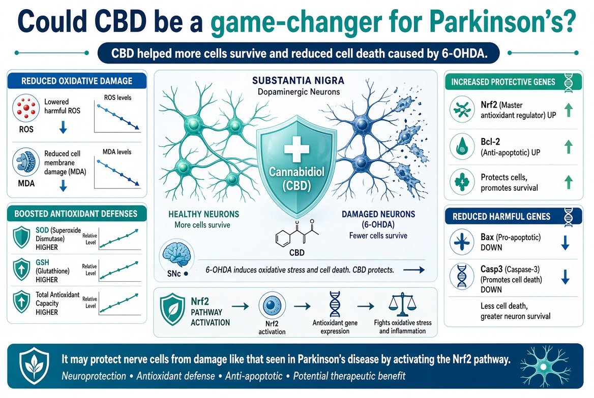 marclanders's tweet photo. Could CBD be a game-changer for Parkinson’s?

CBD helped more cells survive and reduced cell death caused by 6-HODA.  

It lowered harmful ROS and cell membrane damage (MDA).  

It boosted the cells’ antioxidant defenses (higher SOD, GSH, and total antioxidant capacity).  

It increased protective genes (Nrf2, Bcl-2) and reduced harmful genes (Bax, Casp3).  What does it mean?  

It may protect nerve cells from damage like that seen in Parkinson’s disease.  

It works by activating a pathway (Nrf2) that helps cells fight oxidative stress and damage.
https://t.co/8g0KZAYuUI