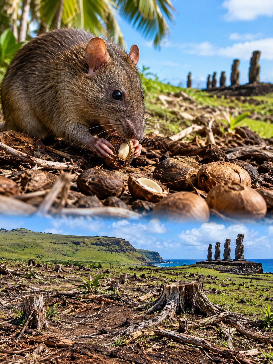 NaturellScience's tweet photo. Rats played a pivotal role in the deforestation of Easter Island. 🌴

Polynesian rats arrived with early settlers centuries ago.They ate the seeds of native palm trees, preventing new trees from growing.Research suggests rats may have consumed up to 95% of palm seeds. https://t.co/y9XpyrqF7c