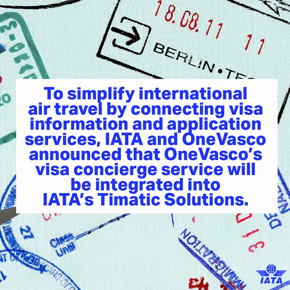 IATA's tweet photo. Do you find visa requirements complicated when planning a trip? You're not alone.

IATA is partnering with OneVasco to streamline the visa application process by integrating their paid visa concierge service into IATA’s Timatic Solutions.

Learn more: https://t.co/k3Q50etY1Z https://t.co/DXBXkyGRXr