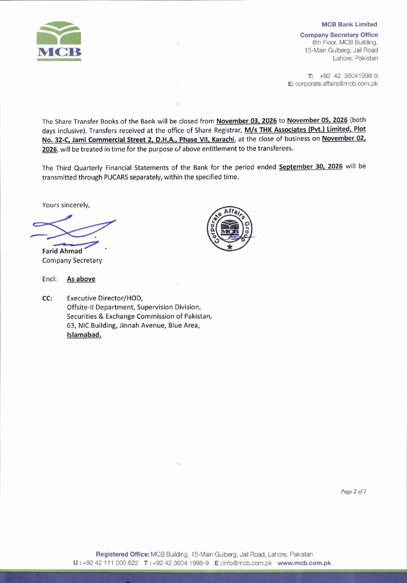 ChasePSXNotices's tweet photo. MCB: FINANCIAL RESULTS FOR THE THIRD QUARTER ENDED SEPTEMBER 30, 2026
𝐐𝐮𝐚𝐫𝐭𝐞𝐫𝐥𝐲 𝐫𝐞𝐬𝐮𝐥𝐭𝐬 𝟐𝟎𝟐𝟔: 𝐢𝐧𝐭𝐞𝐫𝐢𝐦 𝐜𝐚𝐬𝐡 𝐝𝐢𝐯𝐢𝐝𝐞𝐧𝐝 𝟗𝟎% / 𝐑𝐬 𝟗.𝟎𝟎/𝐬𝐡𝐚𝐫𝐞.
#PSX #Stock #News #MCB #FinancialResults https://t.co/p7eKqqFeCo