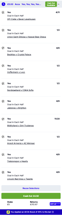SmartAccaTips's tweet photo. 🥅 61/1 GOAL IN BOTH HALVES ACCA!   

💙 Placed with BOYLE Sports: https://t.co/xTTFsIaaY1 

👀 The ONLY bookmaker with odds on these today.

🔗 Add to betslip: https://t.co/bksb6iFBPn

👇 I'm covering the FHG at 15/2 below:   

🔗 Add to betslip: https://t.co/FyKhnPKkUF

18+ GambleAware Ad