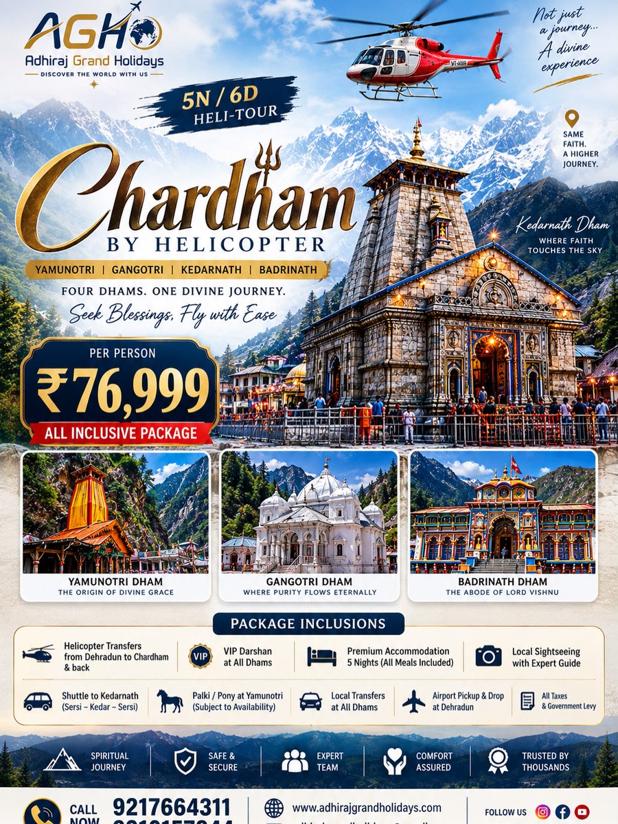 Brisa_Janine's tweet photo. Char Dham Yatra by Helicopter: 5N/6D covering Yamunotri, Gangotri, Kedarnath &amp; Badrinath. ₹76, 999 per person, all-inclusive: helicopter transfers, VIP darshan, stays, meals, sightseeing, local transfers, taxes and more. Book now: 9217664311 | https://t.co/ooHBfOLnIX