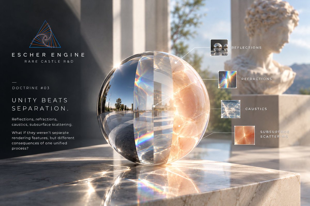 rare_castle's tweet photo. 💡 ESCHER ENGINE DOCTRINE #03: Unity Beats Separation. 🌌

Reflections. Refractions. Caustics. Subsurface scattering.

What if they weren't separate rendering features, but different consequences of one unified process? 🔬

That's the vision we're exploring at Rare Castle. 🚀 https://t.co/SzXuMjfrGo
