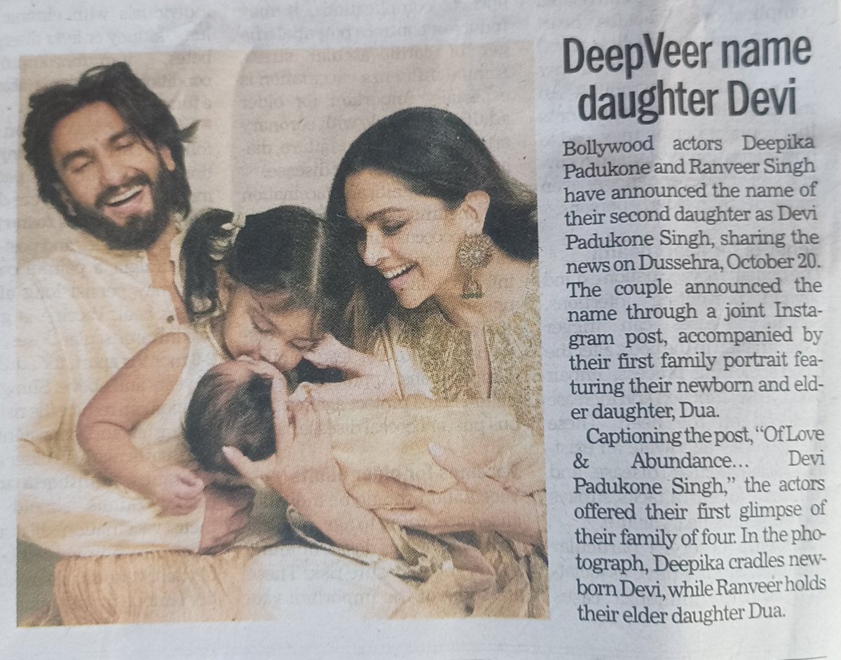 Dineshkjoshi007's tweet photo. Deepika Padukone and Ranveer Singh have named their second daughter Devi Padukon Singh.

On the auspicious occasion of Dussehra, they shared the first glimpse of their little princess along with a beautiful family picture.

Heartfelt congratulation and best wishes to little Devi and the entire family.