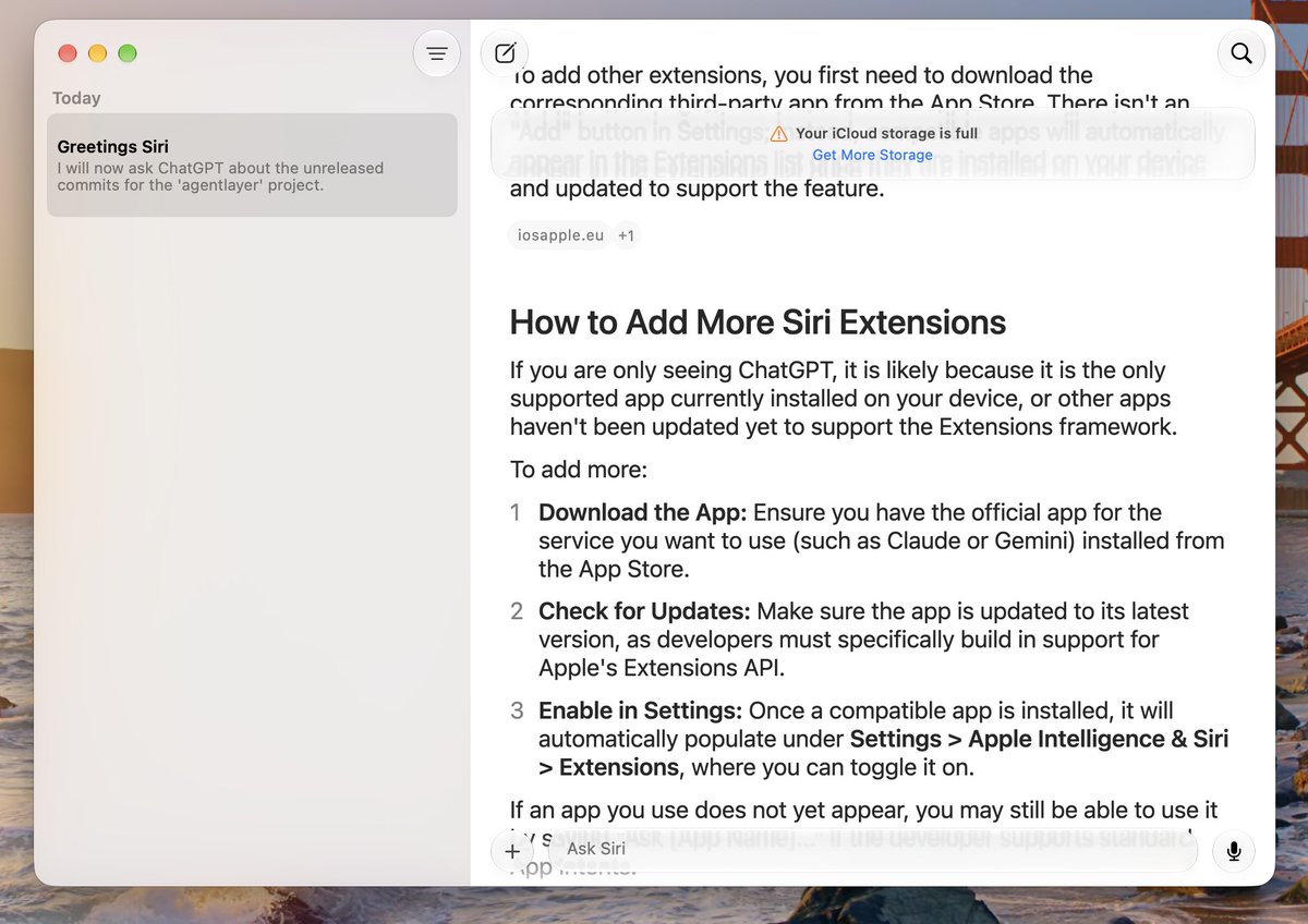 lopushok09's tweet photo. Apple quietly rolled out local models and started powering Siri with LLMs (combining local and cloud-based models)

here's the interesting part: you can already use extensions with it. they approached this in a very curious way - to connect an extension, you need to download the app from the AppStore. Yes! The forgotten appstore is becoming an ai plugin marketplace. if you really want to reach your customers, you should build an app, not an MCP/plugin

Siri can also handle your passwords and credit cards with autofill (currently unavailable due to beta restrictions), and access and interact with apps on your mac

Siri can use chatgpt as an extension, so you can interact with it using your voice on your mac without even opening an app (think they'll expand this to other AI apps, like claude and gemini, and it will become the default interface for interacting with your agents on mac)

It's already available on macos 27. a lot of features are visible in settings but aren't accessible yet. still, the direction apple is taking seems really well thought out

playing the last-mover game, as always