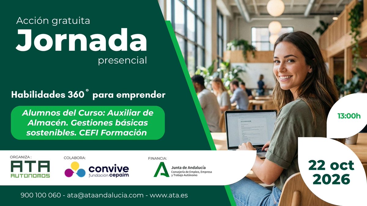 autonomosata's tweet photo. 🚀 ¡Impulsamos el emprendimiento con nuevas habilidades!

Hoy, desde #ATAAndalucía organizamos dos jornadas presenciales dirigidas al alumnado del curso Auxiliar de Almacén. Gestiones básicas sostenibles, de CEFI Formación, para acercarles al mundo del emprendimiento y ayudarles a descubrir nuevas oportunidades.

📌 De la idea de negocio al impacto | 12:00 h
📌 Habilidades 360° para emprender | 13:00 h

Dos sesiones para desarrollar competencias, despertar el espíritu emprendedor y descubrir cómo transformar una idea en un proyecto con impacto.

Con la colaboración de @FundacionCepaim