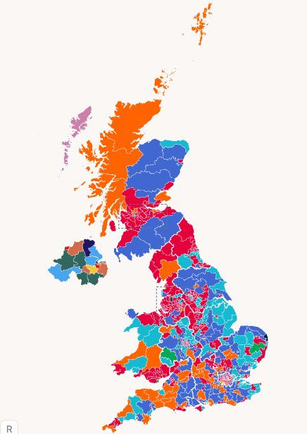 UKDispatch_'s tweet photo. Westminster Electoral Calculus MRP, with tactical voting:

🌹 LAB: 27% 
➡️ REF: 22% 
🌳 CON: 19%
🔶 LDM: 9% 
🌍 GRN: 8%
🦁 RES: 8%

Polling via @FindoutnowUK 

With Seats: 

🌹 LAB: 293 <— Short of 3
➡️ REF: 72 <— 217 Short 
🌳 CON: 98 <—- 220 Short 
🔶 LDM: 67
🌍 GRN: 6
🦁 RES: 1 <—- 325 Short