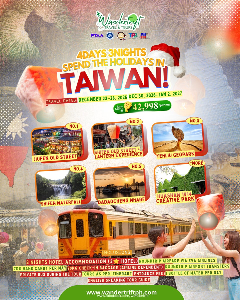 MarcosHoman's tweet photo. Mag-Taiwan ngayong holidays! Explore Jiufen, Shifen, Yehliu Geopark, Dadaocheng Wharf at iba pa. Dec. 23–26, 2026
Dec. 30–Jan. 2

Reserve your slot for PHP 10, 000/person. Message us for details and reservations. https://t.co/OlhN6bmvah