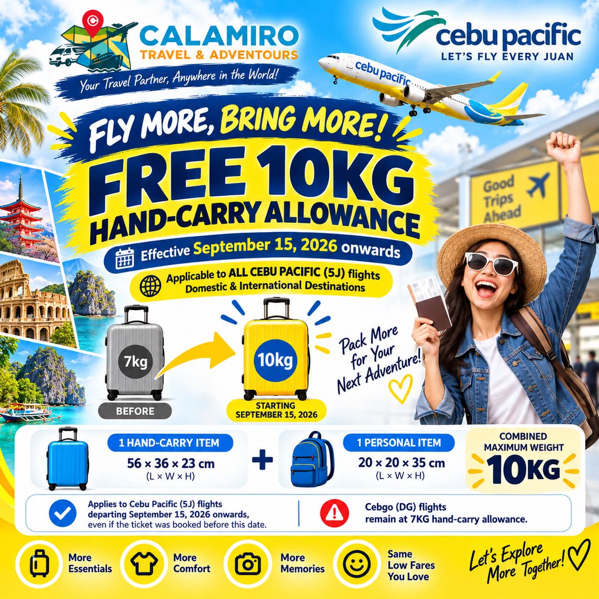 XoniinS22's tweet photo. Fly more, bring more. Cebu Pacific (5J) increases free hand-carry allowance from 7kg to 10kg starting September 15, 2026. Applies to domestic and international flights; Cebgo (DG) remains at 7kg. https://t.co/ubGjtSvpMp
