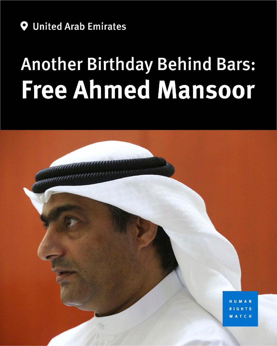 hrw's tweet photo. Today, October 22nd, is Ahmed Mansoor’s birthday. Since 2017, Ahmed has spent his birthday behind bars, where he’s been arbitrarily imprisoned in an isolation cell in the United Arab Emirates.

All charges on which he was convicted were based solely on his human rights advocacy.

Emirati authorities should #FreeAhmed. #BirthdayWishes4Ahmed