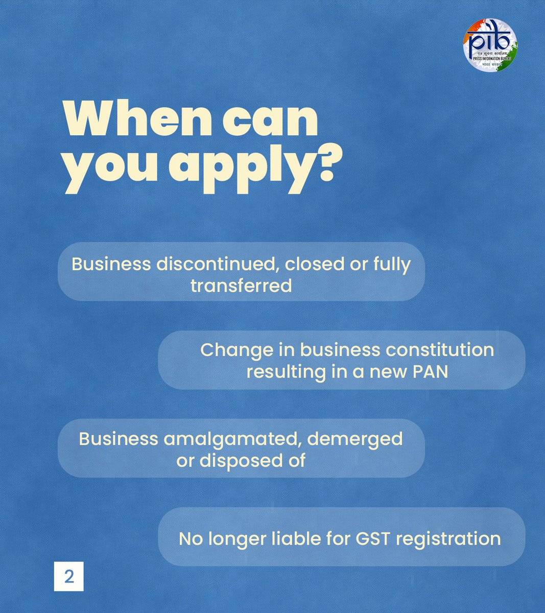 PIB_India's tweet photo. 🧾Planning to cancel your GST registration? Knowing when you can apply and how to complete the process is essential.

From circumstances that make a business eligible for cancellation to filing Form GST REG-16, verifying the application, and tracking its status through the GST Portal, here’s a step-by-step guide to help you understand the process👇
 
#GST #GSTIndia @cbic_india @FinMinIndia @GST_Council 

(1/2)