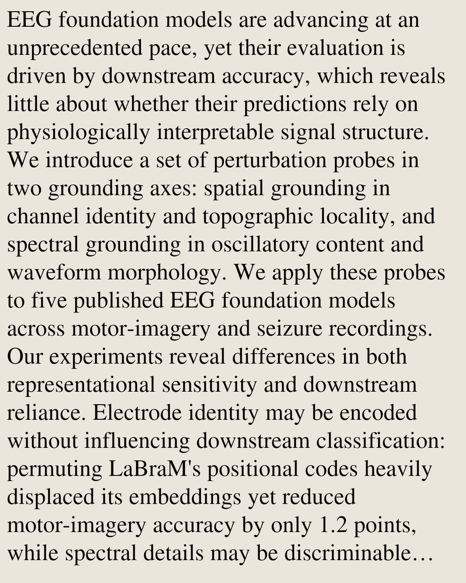 TAL's tweet photo. Probing Spatial and Spectral Grounding in EEG Foundation Models

Kleanthis Avramidis, Ivan Tashev, Dimitra Emmanouilidou
https://t.co/5dLxoZ6meM [𝚌𝚜.𝙽𝙴]
💬Submitted to the IEEE for possible publication https://t.co/DMBoAERaZV