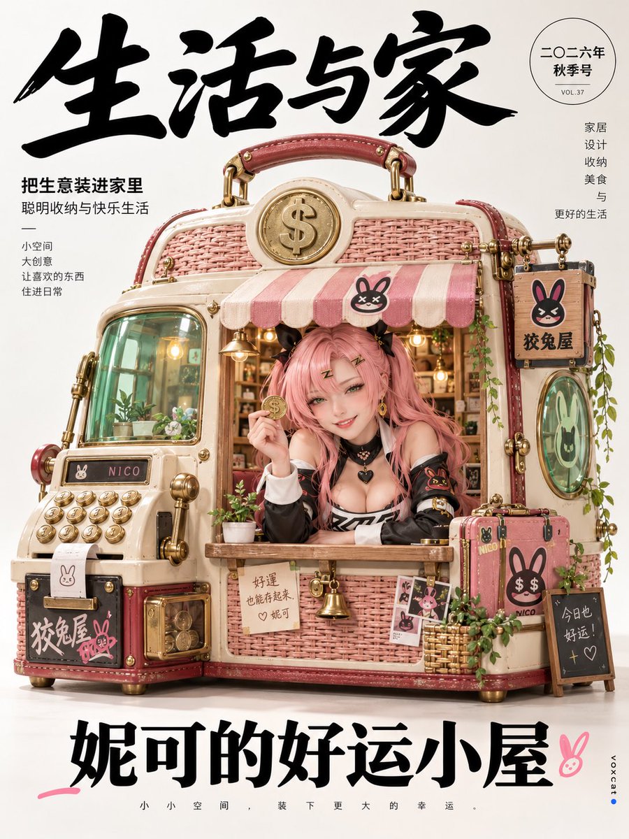 VoxcatAI's tweet photo. 如果角色有一座只属于自己的微型住宅，会是什么样？

风格基调：日系生活方式杂志 × 微缩建筑设计 × 手工艺产品摄影 × 温柔幽默的角色叙事。

核心玩法：把角色的身份信息转译为建筑语言——道具决定轮廓，主色决定材料搭配，纹样进入门窗与五金。再用“角色从窗口探出”的尺度反差，让居所拥有生活感。暖白背景、真实材料和黑色大字，则负责统一整套封面的视觉秩序。

提示词：

【角色】，设计为一张中文版日系生活方式设计杂志封面。Japanese Lifestyle Magazine × Editorial Still Life Photography × Minimalist Object Design × Playful Architecture。

画面中央陈列一座专门为角色设计的微型居所，具有完整可居住空间、精致手工结构与独立设计产品的造型美感。以圆润几何建筑为基础，根据角色身份、标志性道具、所属作品、代表配色与文化符号自主设计建筑轮廓，将识别元素融入屋顶、外墙纹理、门窗、提手与装饰结构。

材料根据角色气质选择藤编、竹编、木材、织物、陶瓷、皮革或金属，形成协调的真实材质组合。窗口内可见少量精致家具、灯具与角色相关生活用品，传达温暖、完整的居住感。

角色安静待在居所内部，从正面窗口自然探出头部或上半身，目光看向镜头。动作根据人物气质自主设计，可托腮、扶住窗沿、捧杯或轻轻挥手，神态慵懒、好奇、从容，略带幽默感。人形角色呈现明确成年真人化的微缩形象，保留自然成年面部结构、真实皮肤��理与发丝；动物保留真实毛发与动物结构。清楚保留角色核心身份特征，形成角色与建筑之间可爱的尺度反差。

3:4竖版，平视略微俯拍的产品摄影视角。微型居所居中独立陈列，占画面中部约45%，主体轮廓完整，窗口与角色面部清晰，四周留出宽松的编辑排版空间。

纯净暖白色无缝摄影棚背景，背景与地面自然衔接，主体下方具有柔和真实的接触阴影。高调柔和漫射光，明暗过渡细腻，清楚呈现编织纹理、材料厚度、织物纤维、木纹、陶瓷釉面与手工制作痕迹。整体真实、温暖、干净，具有高品质家居产品摄影质感。

顶部约四分之一区域使用超大黑色连笔斜体中文刊头“生活与家”，形成舒展醒目的杂志标识。底部使用一行大号黑色现代中文标题，根据角色自动拟定，围绕“角色与家”展开。少量简体中文编辑短句、期号、细线与几何圆形标识分布于版面边缘，建立清晰的字号层级与现代编辑秩序。

整体配色根据角色身份自主协调，维持明亮中性背景、真实材料色彩与黑色字体的克制关系。日系生活美学、手工艺建筑、安静生活叙事与温柔幽默共同构成封面气质。

右侧约5%边缘位置保留极小竖排小写“voxcat”，末尾带一颗青金石蓝色圆点。