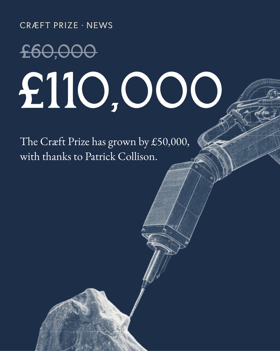 LouisElton96's tweet photo. I have very exciting news. Thanks to a generous gift from @patrickc, the Cræft Prize is growing to £110,000.

My March open call for artisan-innovators fusing the wisdom of craft with cutting-edge technology sparked a flood of excellent submissions.

In early 2027, we will host an awards ceremony, exhibition, and conference exploring how craft can breathe soul and beauty into the machine.

Read all about it 👇