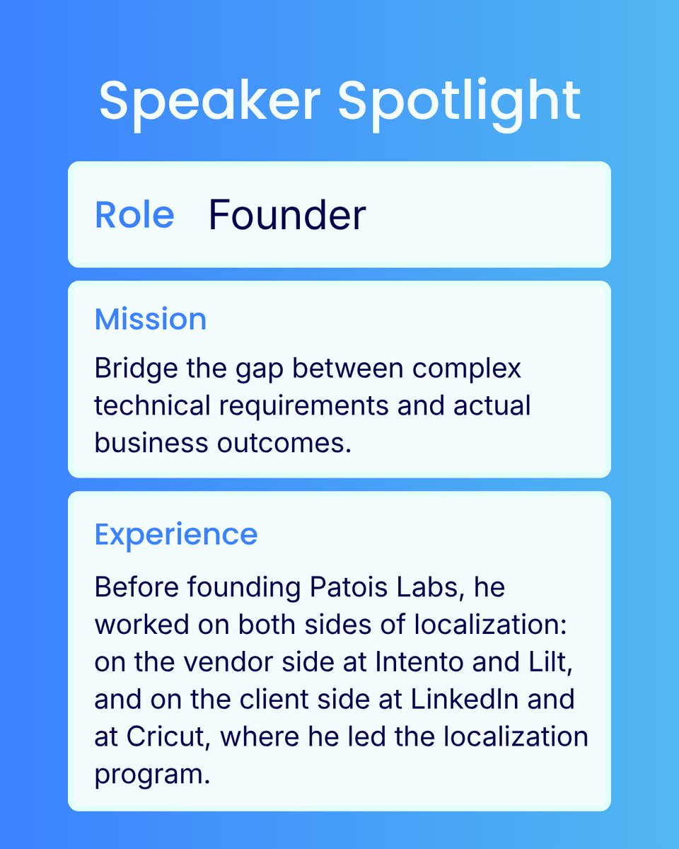 slatornews's tweet photo. ✨ Speaker Spotlight ✨

We're excited to welcome Brent Summers, Founder of Patois Labs, to the virtual stage at #SlatorCon Remote December 2026!

Brent is building #Localization OS, an open-source, #MT-first #TMS designed to be shaped by each team instead of the other way around.

At SlatorCon, Brent will introduce Patois Labs and the problem it sets out to solve, discuss his approach to designing MT-first #workflows, and share what he learned from launching 🚀 a #localization startup in 2026.

Secure your Early Bird ticket 🎟️ https://t.co/91dMa6bQrq