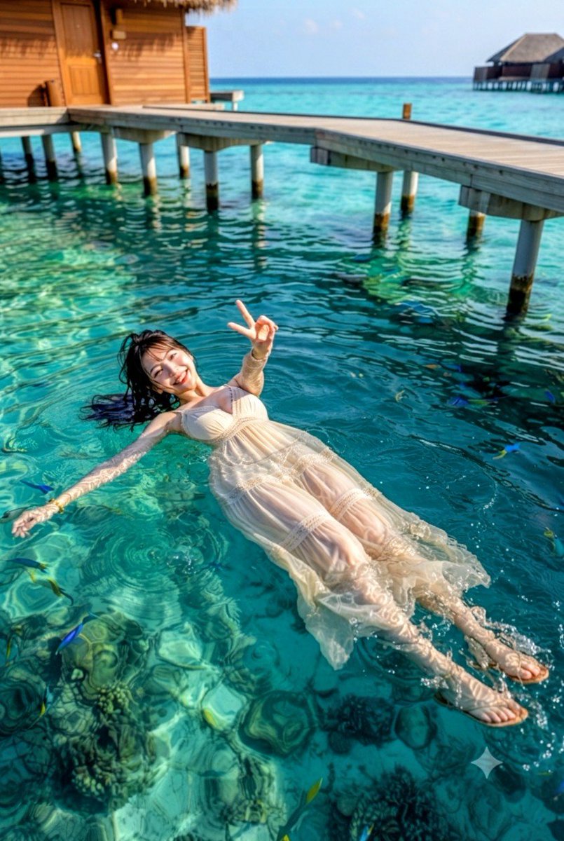 REI_AImodel's tweet photo. #REI南国旅行記 その4
​まさか本当に海に落ちるなんて思わんやんね……！💦
でも海がすっごく綺麗で、途中から楽しくなってプカプカ浮いて、そのまま泳いでバンガロー戻ったよ✨  
​ドレスも髪もびしょ濡れ……🙈 早く着替えなきゃ〜！
#AI美女 https://t.co/da7AAIVFUK