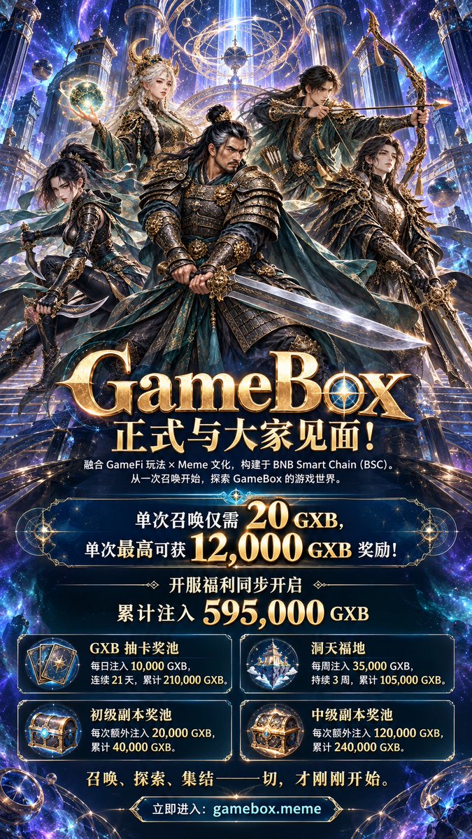 Gameboxintj's tweet photo. GameBox正式与大家见面了
单次召唤=20GXB,奖池最高单次可获得12000GXB . 
开服福利：GXB抽卡奖池，每日10000GXB的注入，共注入210000GXB。（21天）
洞天福地：每周注入35000GXB,共注入105000GXB（三周）
初级副本额外注入奖池：20000GXB，共40000GXB
中级副本额外注入奖池：120000GXB，共24000GXB
我们是集gamefi+meme于一体的集合，建设在bsc上，一切都只是刚刚开始 网站：https://t.co/37tgJyoUDc
