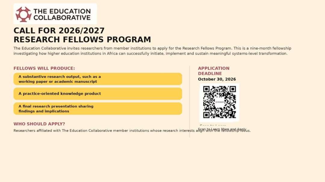 PantamiFound's tweet photo. Research Fellows Program 2026–2027: Apply for a Nine-Month Research Fellowship on Higher Education Transformation in Africa

Applications are open for the 2026–2027 Research Fellows Program, a nine-month research opportunity focused on how higher education institutions across Africa can improve their systems and practices.

Research Focus

The programme centres on how African universities and other higher education institutions can initiate, implement and sustain meaningful change in three key areas:

- Employability: Strengthening the link between higher education and the world of work.
- Entrepreneurship: Improving institutional support for entrepreneurship and enterprise development.
- Innovation: Encouraging and sustaining new approaches within higher education institutions.

Who Should Consider Applying?

The opportunity may interest researchers working on higher education policy, university governance, graduate employability, entrepreneurship education, innovation and institutional development.

Applicants should review the official Terms of Reference to confirm the eligibility criteria, required qualifications, application documents and other conditions.

Duration: Nine months

Application Deadline: Friday, 30 October 2026

How to Apply

1. Read the official Terms of Reference.
2. Ensure your proposed research aligns with the programme's central theme.
3. Prepare the required information and supporting documents.
4. Complete the online application using the link provided by the programme organisers (scan the barcode in the attached flyer).

Terms of Reference:
https://t.co/4DmngC0Nmt

Full Announcement:
https://t.co/BQmMLgIfAB

The Professor Isa Pantami Foundation (PIP Foundation) shares research and educational opportunities as part of its commitment to promoting access to learning and development opportunities across Africa.

#ResearchFellowship #HigherEducation #AfricanUniversities #ResearchOpportunities #Fellowship2027 #PIPFoundation