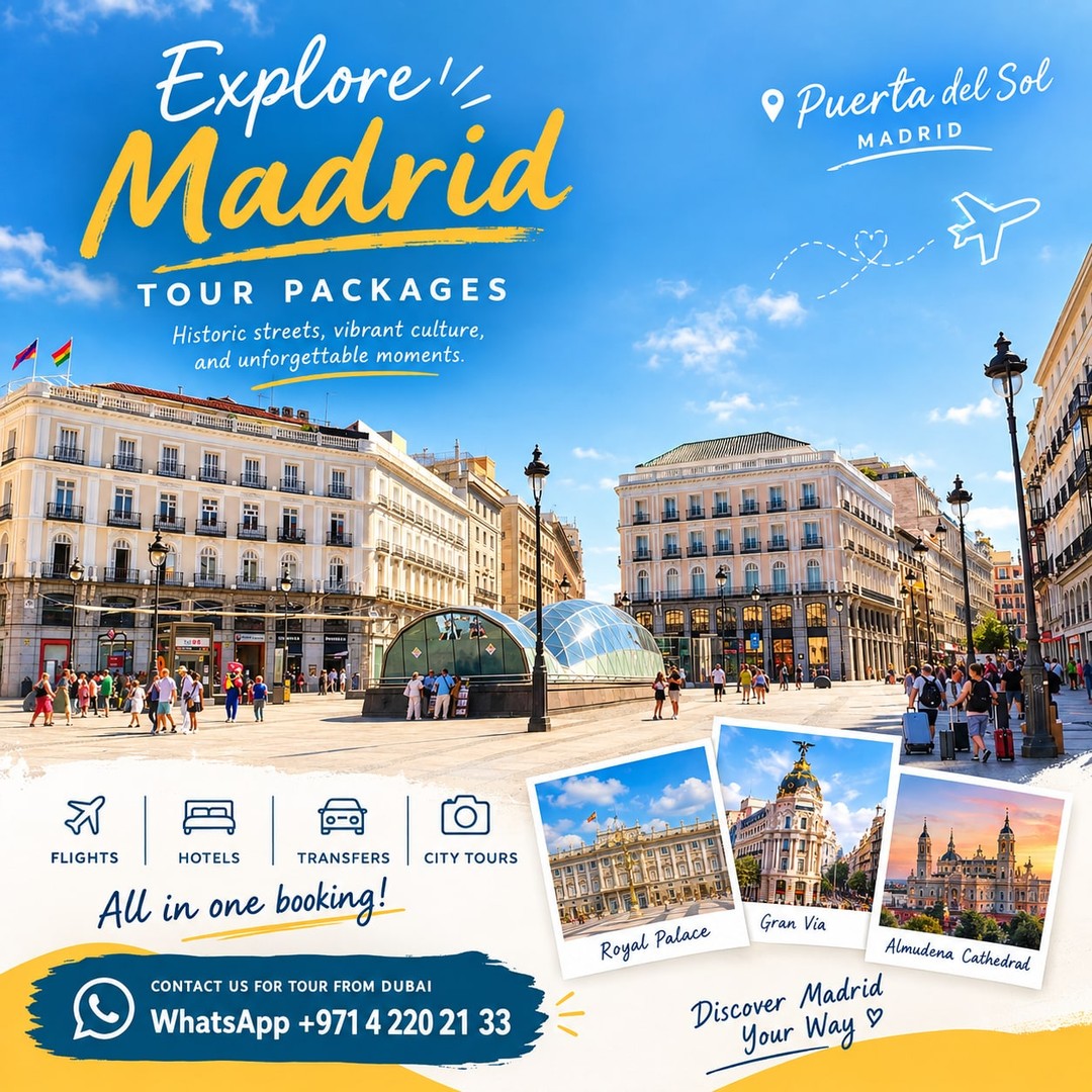 el_surenio's tweet photo. Madrid from Dubai, made easy. Flights, central hotel, transfers and the tours you actually want, all priced in AED with flexible payment options. White Sky Travel Dubai is available 24/7. https://t.co/e8b5OyRtpi