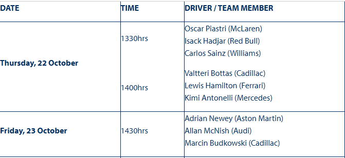 FastestPitStop's tweet photo. Here's the Driver's Press Conference lineup that will take place later today!

First up: Oscar Piastri, Isack Hadjar and Carlos Sainz
Second group: Valtteri Bottas, Lewis Hamilton and Champion to be Kimi Antonelli

#F1 #USGP

📸 &amp; 📰 @fia https://t.co/G22moN4cEY