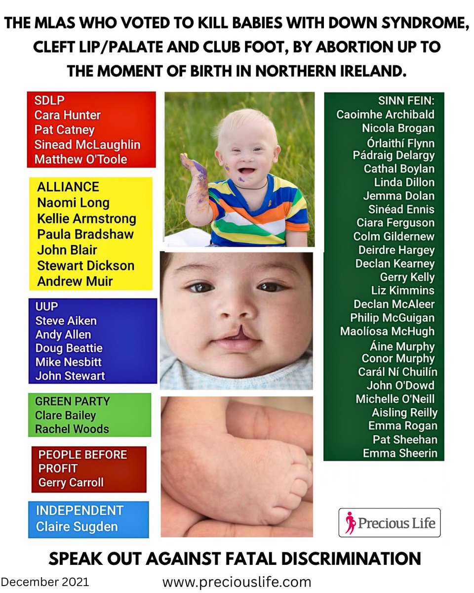 PreciousLifeCom's tweet photo. DID YOU KNOW?
In 2021, these politicians voted AGAINST protecting unborn babies with Down syndrome from abortion up to birth in Northern Ireland.
With Assembly Elections approaching in May 2027, we must only vote for candidates committed to restoring legal protection for ALL unborn babies.
Politicians who support killing unborn babies are not fit to hold public office.
Every life matters. Every vote counts!
#VoteProLife