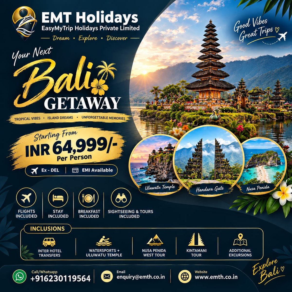 konabso's tweet photo. Flights, stay, breakfast and five tours, all in one price. Uluwatu at sunset, Handara Gate at sunrise, Nusa Penida cliffs in between. From ₹64, 999 per person, ex-DEL. EMI available. DM “BALI https://t.co/Xt6xFi38nP