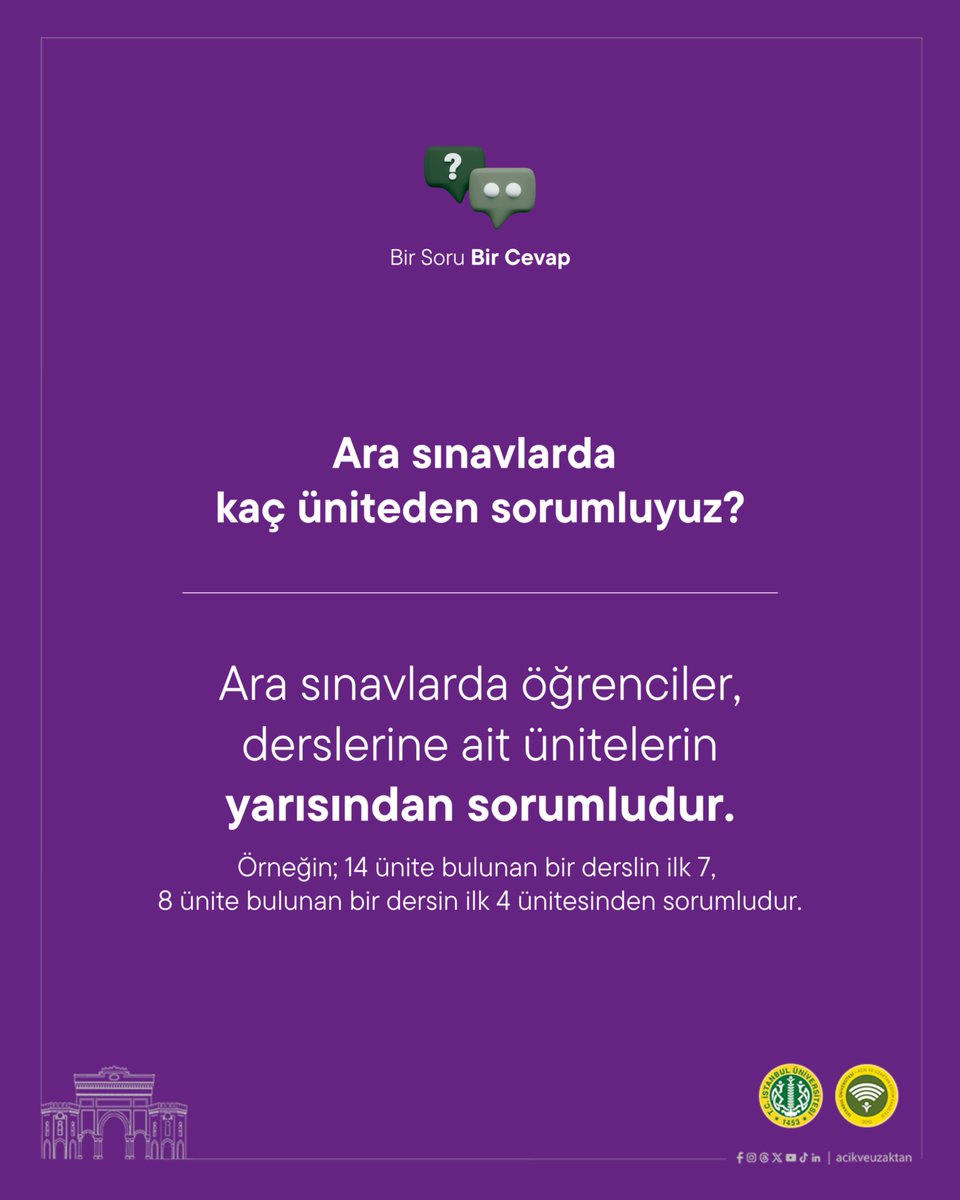 acikveuzaktan's tweet photo. Ara Sınav Hakkında Bilinmesi Gerekenler

• 2026-2027 Eğitim-Öğretim Yılı Güz Dönemi Ara Sınavları 14-15 Kasım 2026 tarihlerinde gerçekleştirilecektir.

• Ara Sınavın başarı puanına etkisi %30, Bitirme ve Bütünleme Sınavlarının etkisi ise %70’tir.

• Öğrenciler Ara Sınavlarda, derslerine ait ünitelerin yarısından sorumludur. Örneğin 14 ünitesi bulunan bir dersin ilk 7, 8 ünitesi bulunan bir dersin ise ilk 4 ünitesinden soru sorulur.