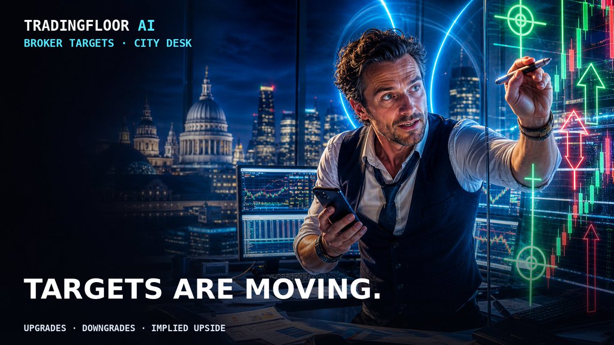 tradingfloorai's tweet photo. ⚡ TRADINGFLOOR AI // BROKER

BROKER CHANGES: #BME #LIO #HOC #GEN #DFS #AJB #INCH #CBG Tickers by ticker,target,percent to target from todays price,broker,take follow/subscribe to get morning updates for fresh #AI selections see my early morning posts on the X for further info on each ticker #AJB ▲ 710.0 21.06% jefferies raises #BME ▼ 240.0 -11.83% jefferies raises #CBG ▲ 900.0 137.22% berenberg raises #CBG ▲ 885.0 133.26% jefferies raises #DFS ▲ 156.0 6.85% jefferies cuts #GEN ▲ 318.0 23.64% jefferies cuts #HOC ▲ 790.0 61.22% berenberg cuts #INCH ▲ 970.0 40.58% berenberg cuts #LIO ▼ 210.0 -26.32% deutsche bank research cuts

🎯 #BrokerTargets 🤖 #AI 🤖 #TradingFloorAI

Full market intelligence in bio.