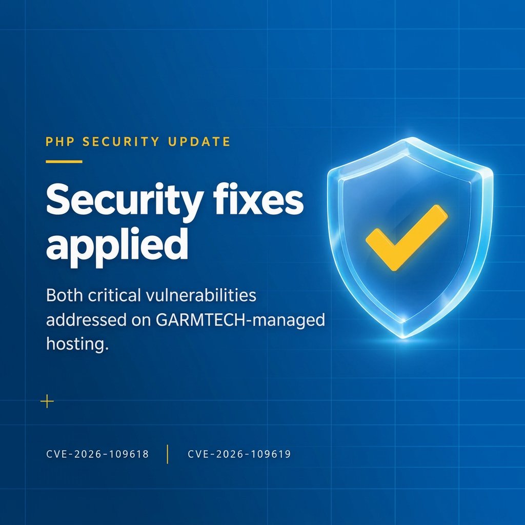 garmtech's tweet photo. PHP2Shell: critical PHP vulnerabilities patched at GARMTECH

CVE-2026-109618 and CVE-2026-109619 (CVSS 9.2) allowed unauthenticated remote code execution. Both are already fixed on all GARMTECH-managed hosting.

Your sites are protected. No action needed on your side. https://t.co/FPpbJVrcfl