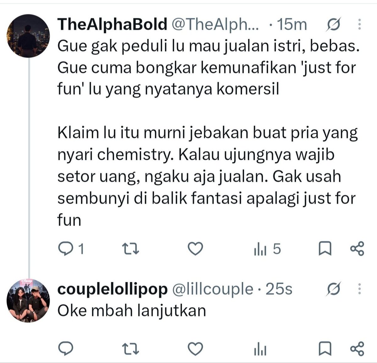 TheAlphaBold's tweet photo. Bangga ngaku jualan istri, tapi ngeles saat logikanya ditelanjangi

"Terserah gue dong maunya gimana" Pengakuan telak saat kedoknya dibongkar

Gue gak peduli lu mau jualan istri, bebas. Tapi jangan menjebak pakai klaim 'just for fun' kalau wajib setor uang jajan. Jujur aja jualan https://t.co/T5ynIBqdDt