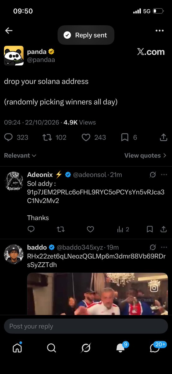 adeonsol's tweet photo. @thisisseunn @pandaa Sol addy :   91p7JEM2PRLc6oFHL9RYC5oPCYsYn5vRJca3C1Nv2Mv2 https://t.co/2XJe246YiM