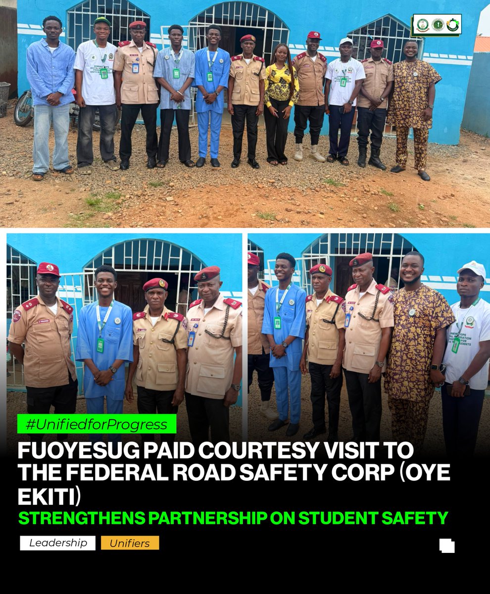 FUOYE_SUG's tweet photo. The Federal University Oye-Ekiti Students’ Union Government (FUOYESUG), led by the SUG President, paid a courtesy visit to the Federal Road Safety Corps (FRSC), Oye-Ekiti, yesterday to strengthen relations and promote student safety. https://t.co/LlQwiDaCvi