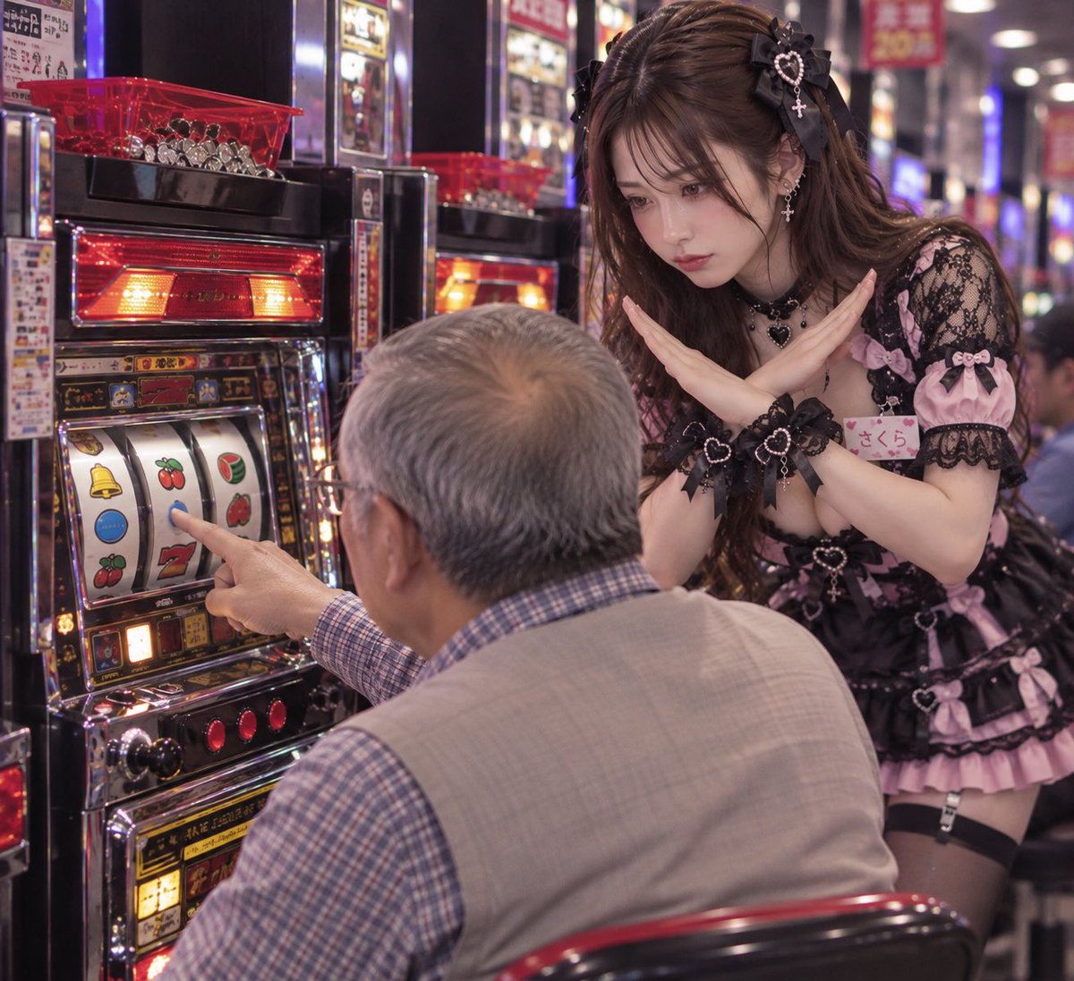 panpansplash's tweet photo. 7が全然見えないおじいちゃんに目押しを頼まれて代行できませんと断る私♡
#AI美女 #AIart #パチスロ女子 https://t.co/mtufbrMhOA
