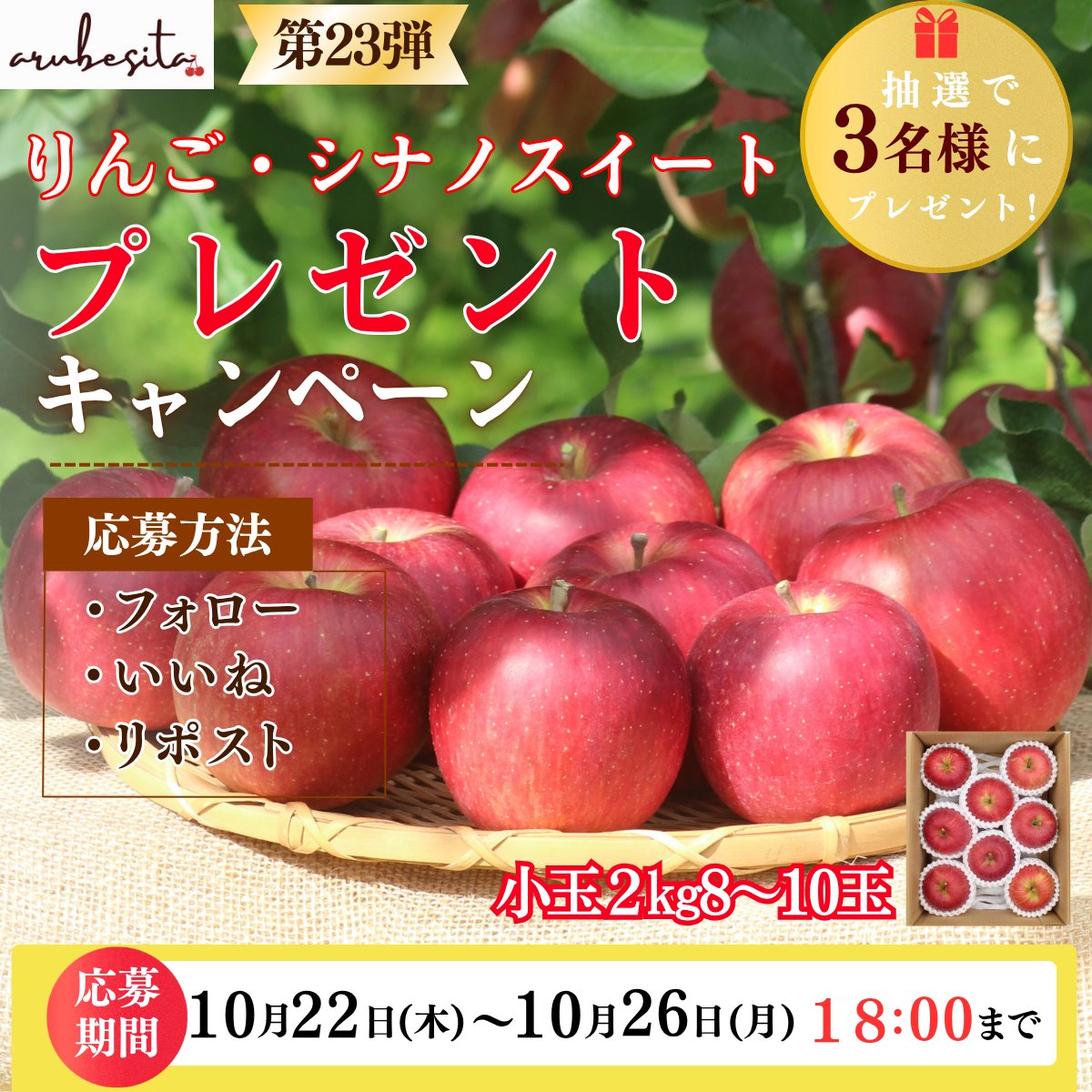 arubesita's tweet photo. 「りんご・少し小玉シナノスイート 2㎏8～10玉」を抽選で
【３名様】にプレゼント🎁

🗓【キャンペーン期間】
10月22日（木）〜10月26日（月）18：00まで

✅【応募方法】
① このアカウントをフォロー
② この投稿をリポスト・いいね

🎉【当選発表】
DMでご連絡します
#プレゼントキャンペーン https://t.co/zk8sqA0cT7