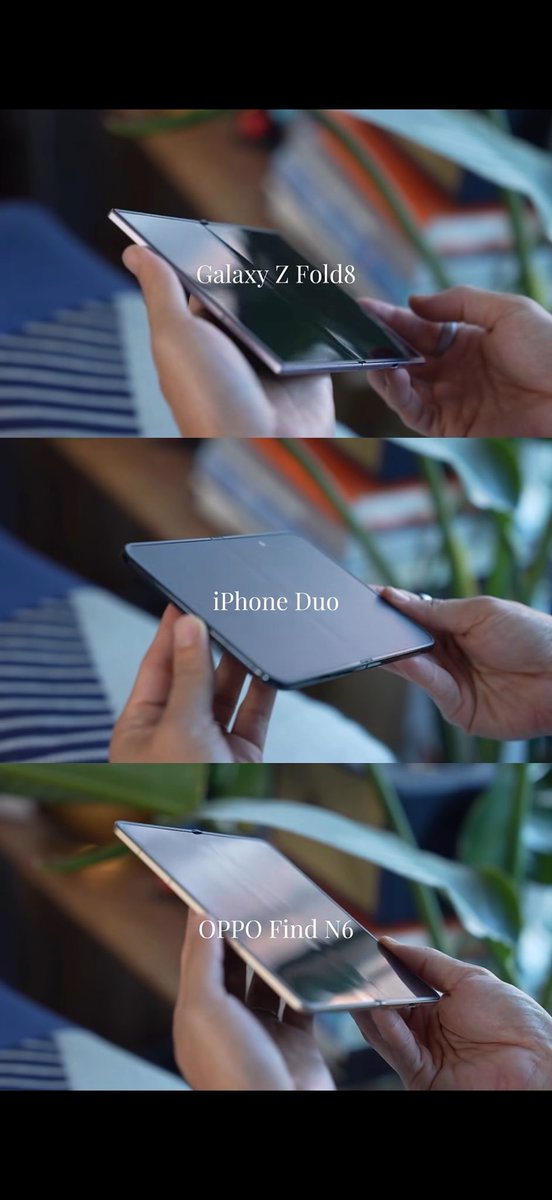 iTechApples's tweet photo. The foldable crease face-off! Is the “no crease” in the room with us? 😏 #iPhoneDuo #GalaxyZFold8 #OPPOFind https://t.co/yg4cRLBXJ5