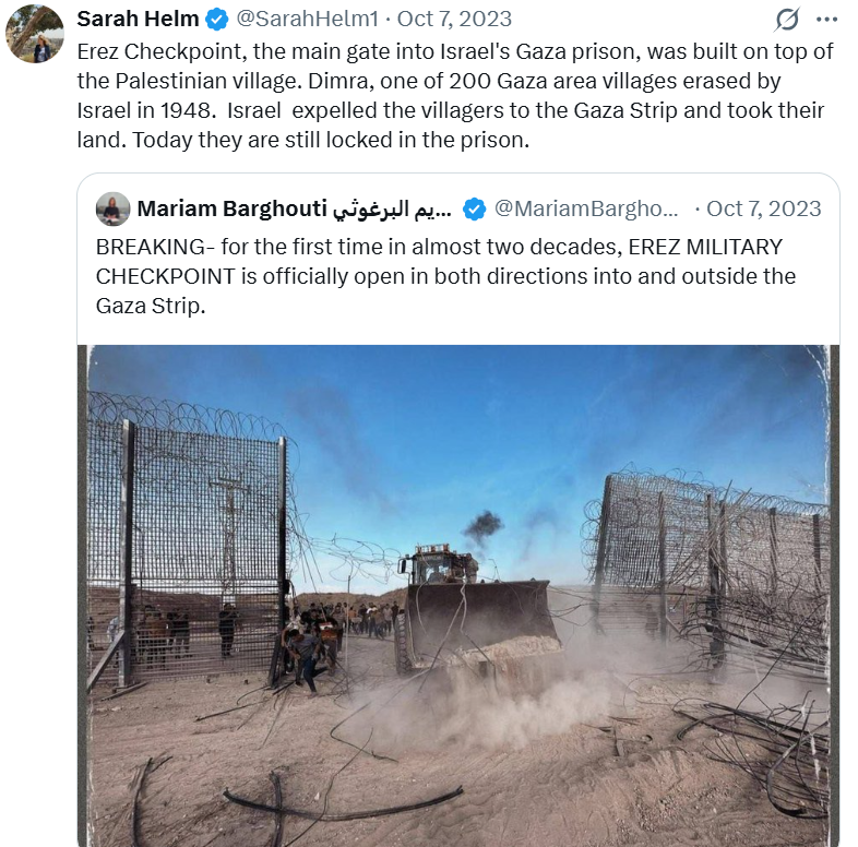 CAMERAorgUK's tweet photo. This was Sarah Helm's first X post on Oct. 7, 2023 https://t.co/FkfIzYVRUv