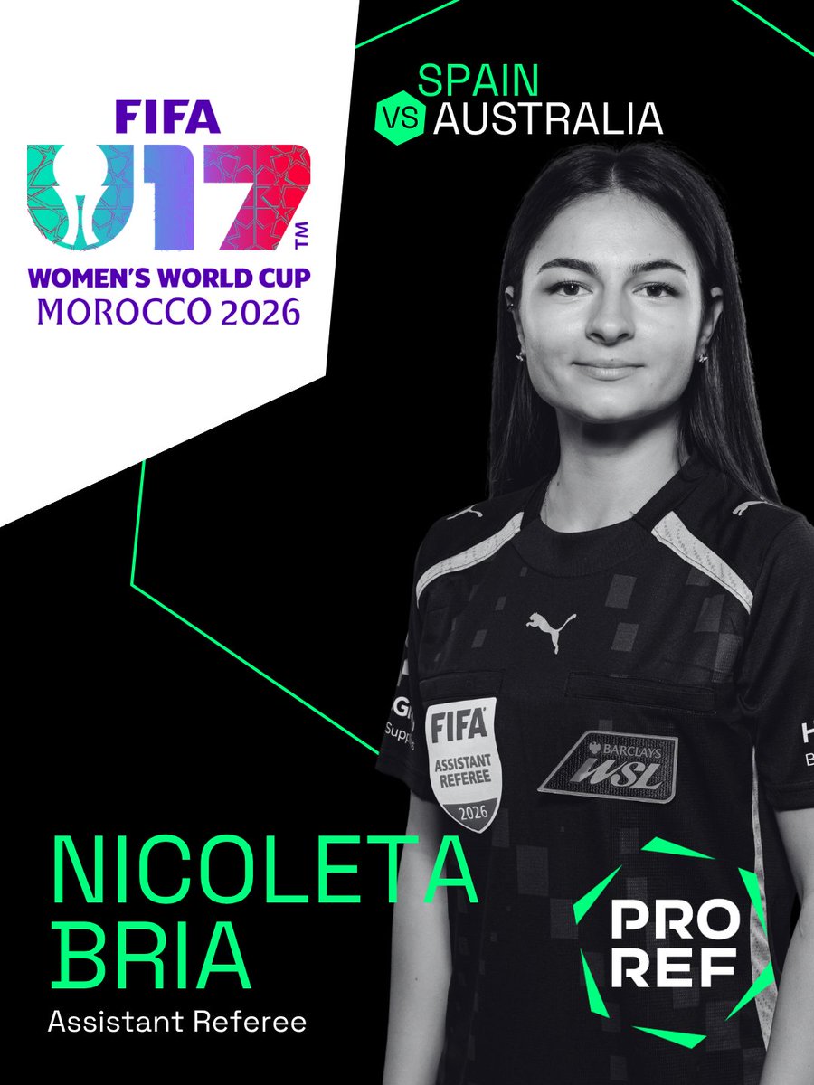 prorefofficial's tweet photo. ��� Nicoleta Bria is set for her second appearance at the FIFA U17 Women’s World Cup.

The English assistant referee will be part of the officiating team for today's Group F fixture between Spain and Australia, working alongside Bolivian referee Alejandra Quisbert. https://t.co/MA3YDZEvG9