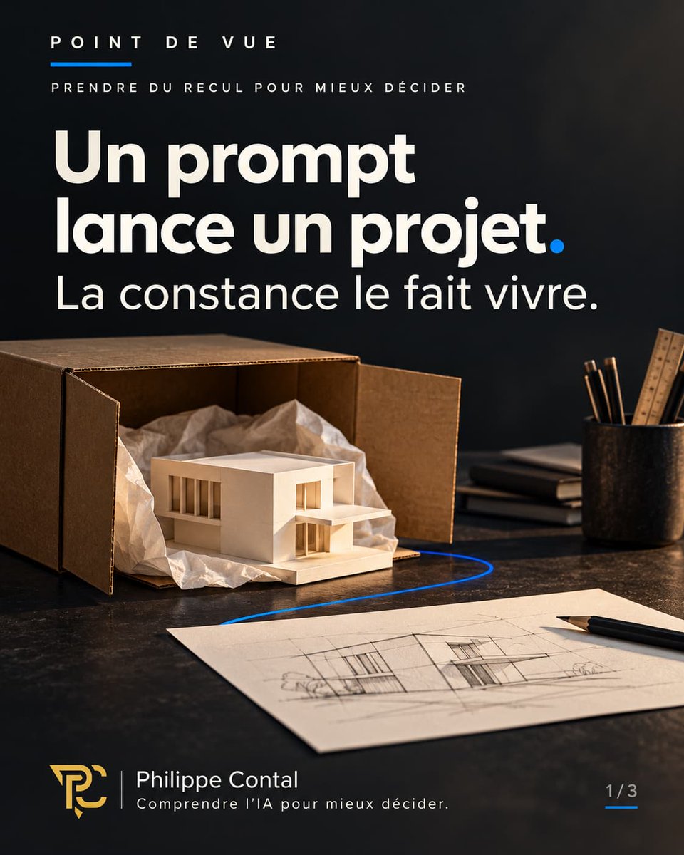 Terr_Digital's tweet photo. Un prompt lance un projet. 𝗟𝗮 𝗰𝗼𝗻𝘀𝘁𝗮𝗻𝗰𝗲 𝗹𝗲 𝗳𝗮𝗶𝘁 𝘃𝗶𝘃𝗿𝗲.

Dans les discussions sur la création assistée par l’IA, je trouve que nous parlons beaucoup de la première version. Celle qui apparaît à l’écran et donne envie d’aller plus loin.

@PhilippeContal https://t.co/m3uqepRvsf