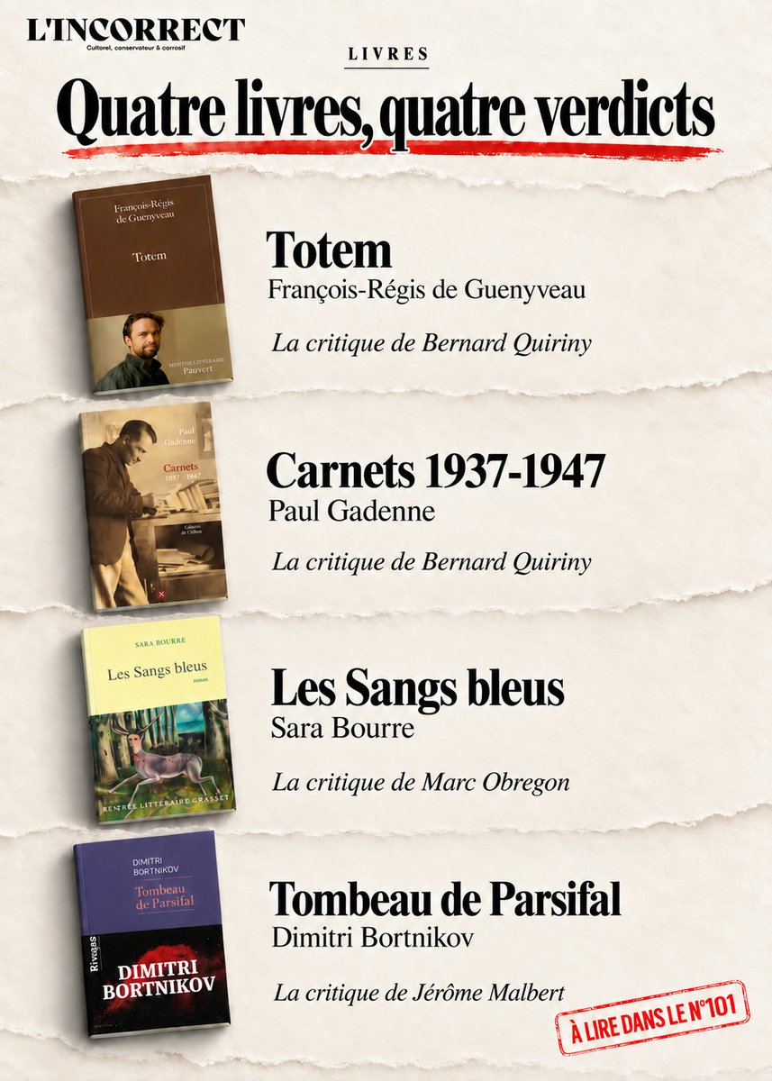 MagLincorrect's tweet photo. Quatre livres, quatre verdicts.

Retrouvez nos critiques littéraires dans le n°101 de L’Incorrect, supplément Culture.

🔗 https://t.co/5JvHWvLHhg https://t.co/ZtnzSbrwID
