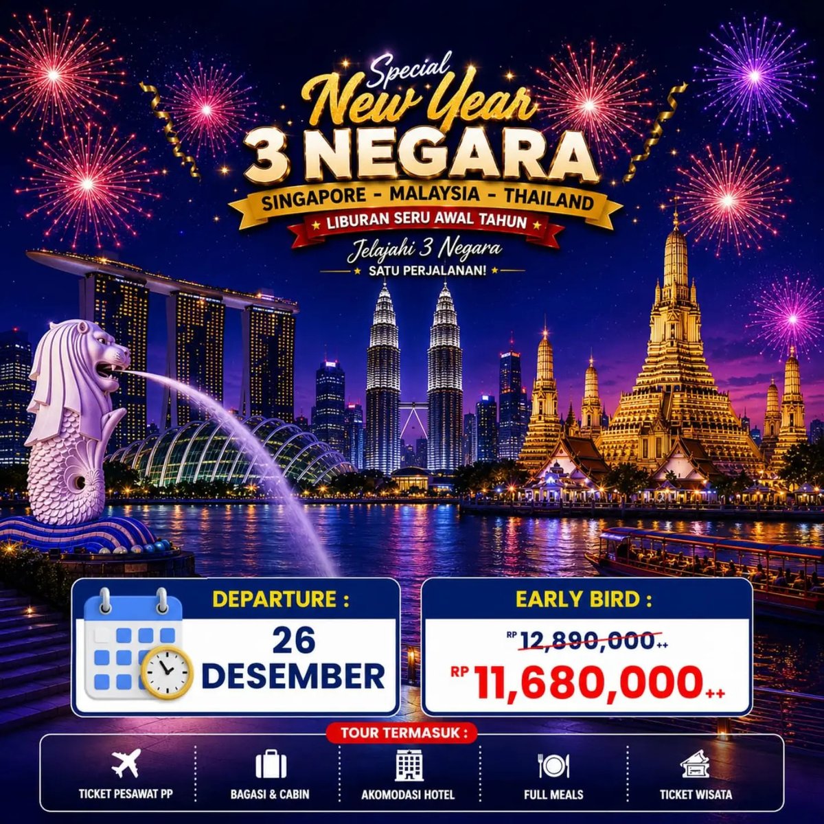 crhinel91's tweet photo. SPECIAL NEW YEAR 3 NEGARA: Singapura, Malaysia, Thailand

Rayakan Tahun Baru menjelajahi 3 negara dalam 1 perjalanan. Early bird mulai Rp11. 680. 000++/pax. Keberangkatan 26 Desember 2026. Termasuk tiket pesawat PP, hotel, makan, dan tiket wisata. https://t.co/F1ccBcR38t