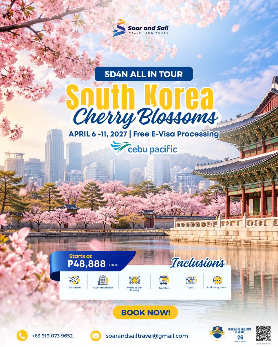 SSueSavS's tweet photo. South Korea Cherry Blossom 5D4N, April 6–11, 2027

Explore Seoul, Nami Island, Gyeongbokgung Palace, Bukchon, Myeongdong, Hongdae and more. ₱48, 888 per person, with airfare, hotel, meals, tours, transfers and group visa processing included. https://t.co/rABMignwym